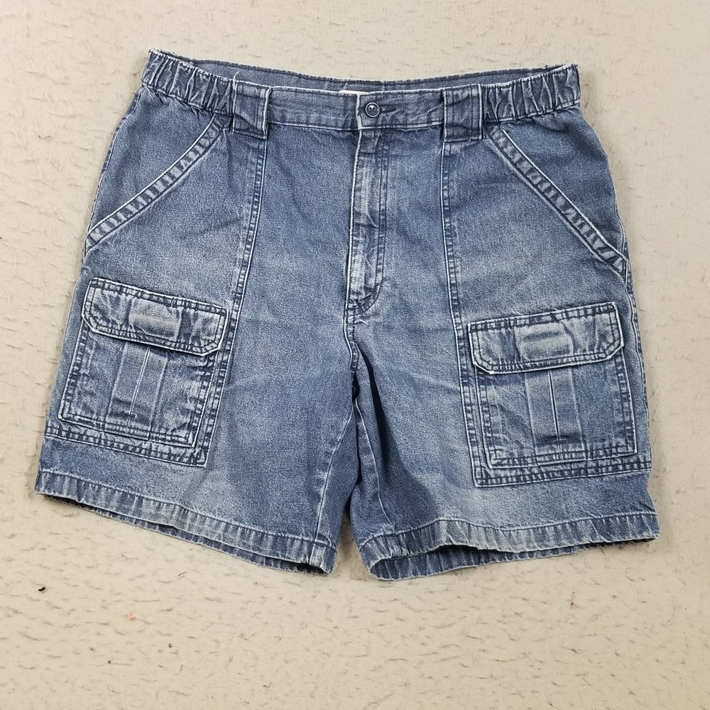 Savane Cargo Shorts Mens 42 Blue Denim Elastic Waist Utility Pockets Casual